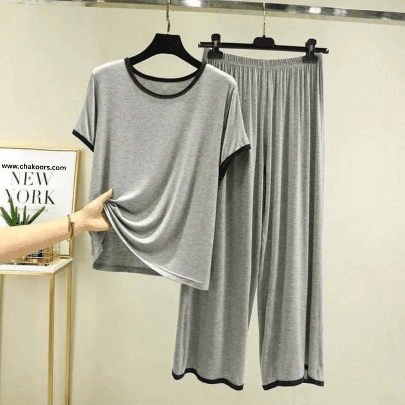 Plain Tshirt With Black Round Neck And Plazo Pajama (Half Seeleve) - Image 1